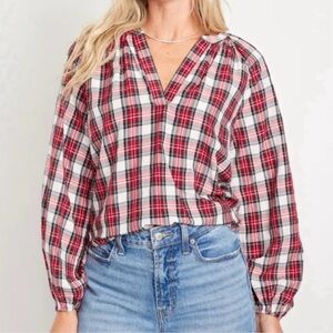 Old Navy Red Split-Neck Plaid Seersucker Pullover Shirt Size XS